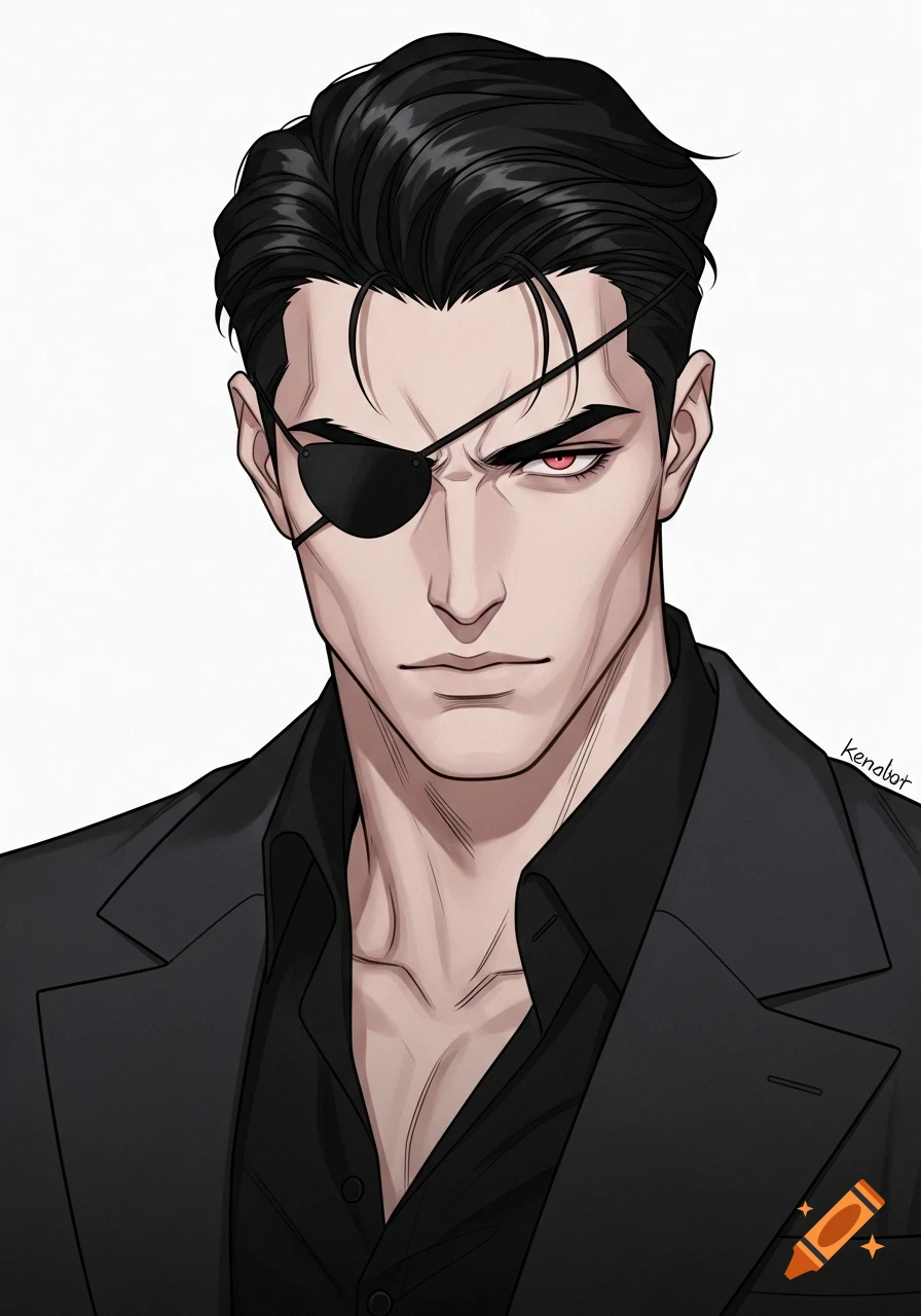 A serious male character with black hair, red eyes, and a black eye patch, wearing a dark shirt and suit jacket, in an anime style.