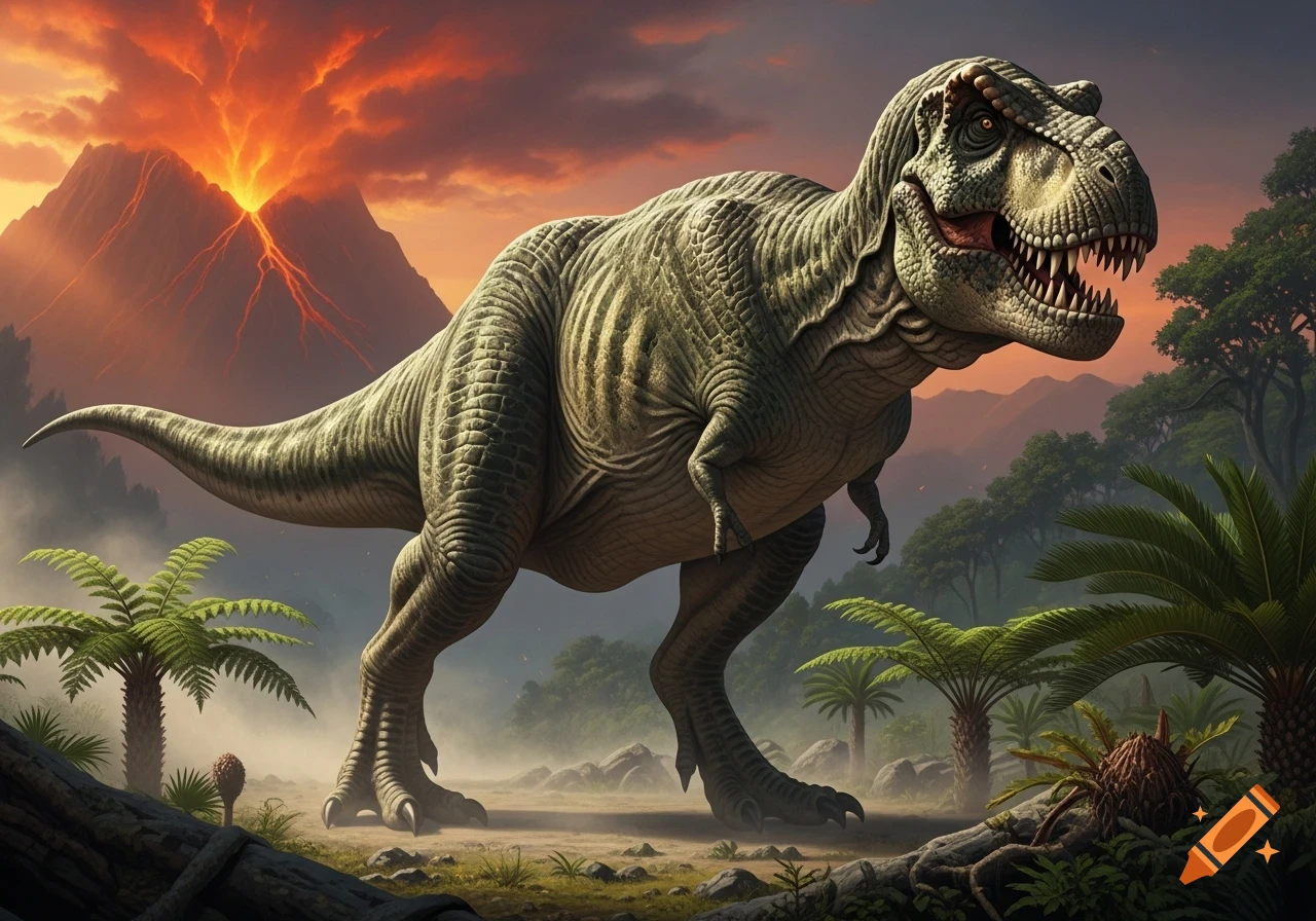A powerful Tyrannosaurus rex stands in a prehistoric jungle with an erupting volcano under a fiery sunset sky.