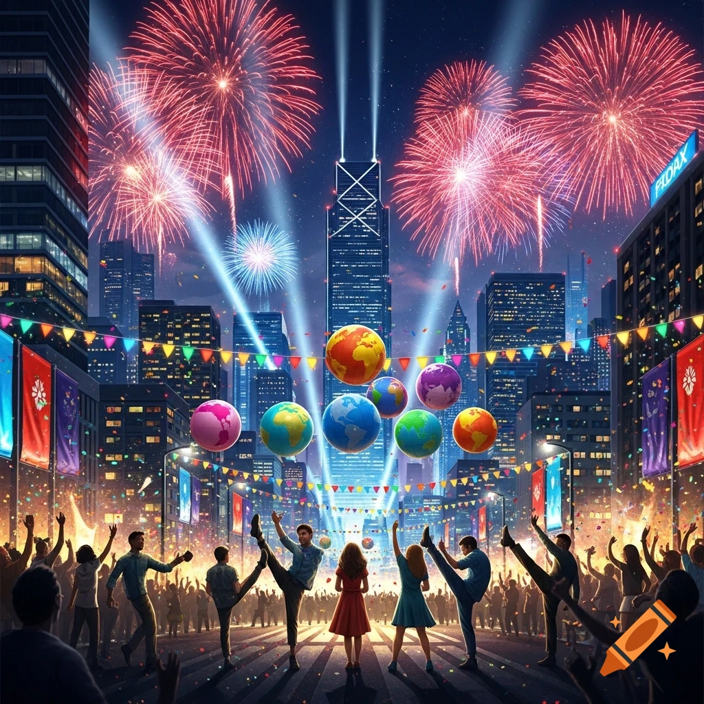 A vibrant night cityscape with fireworks exploding above skyscrapers, a diverse crowd dancing and kicking, and colorful globe balloons floating amidst party decorations.