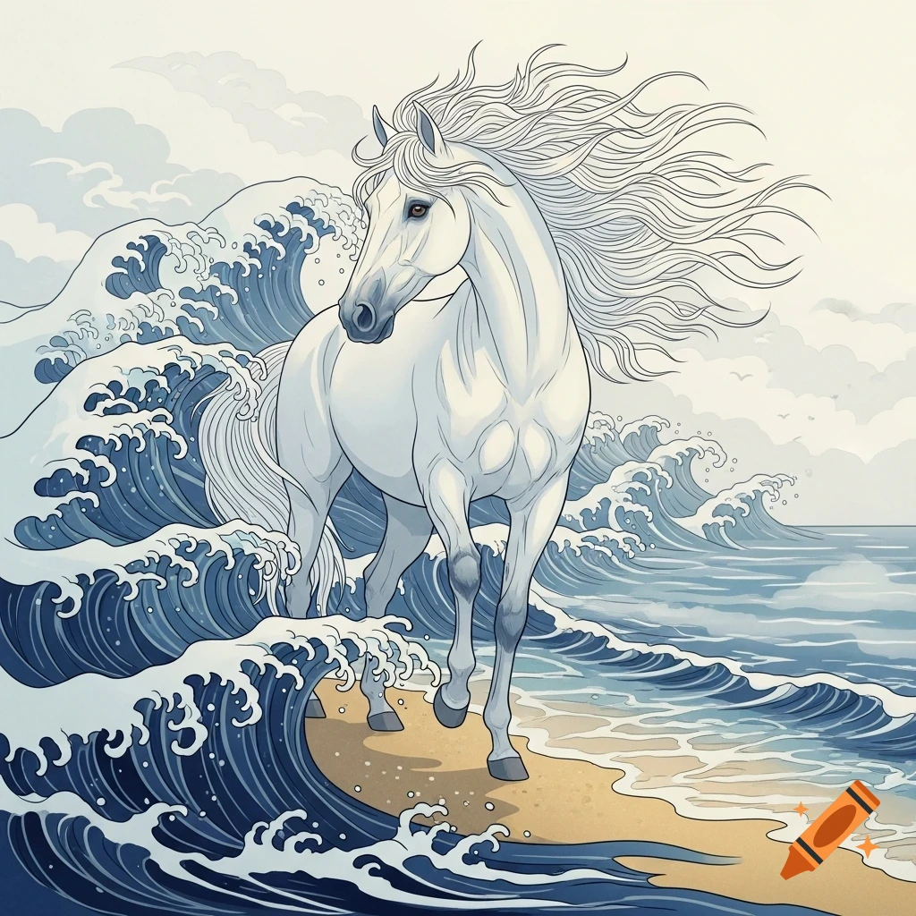 White horse with flowing mane standing on a sandy beach amidst large, stylized blue waves, reminiscent of Hokusai's art.
