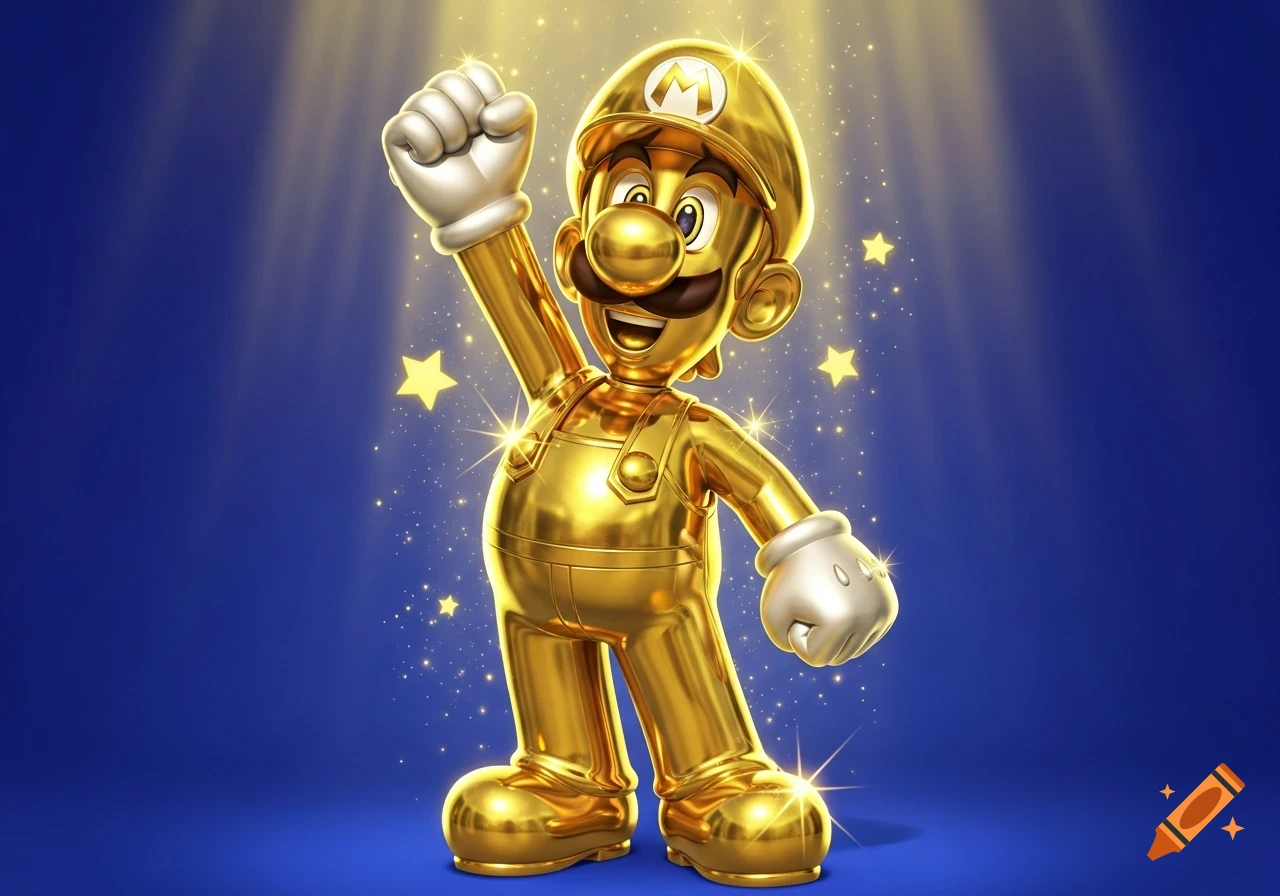 A shiny golden Luigi raises a fist victoriously, glowing under golden light against a sparkling blue background.