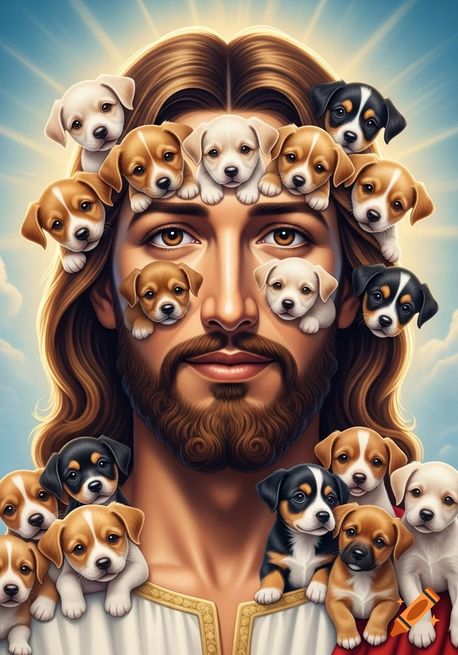 Stylized portrait of Jesus Christ with a beard and long hair, composed of many cute puppies, against a blue sky with light rays.