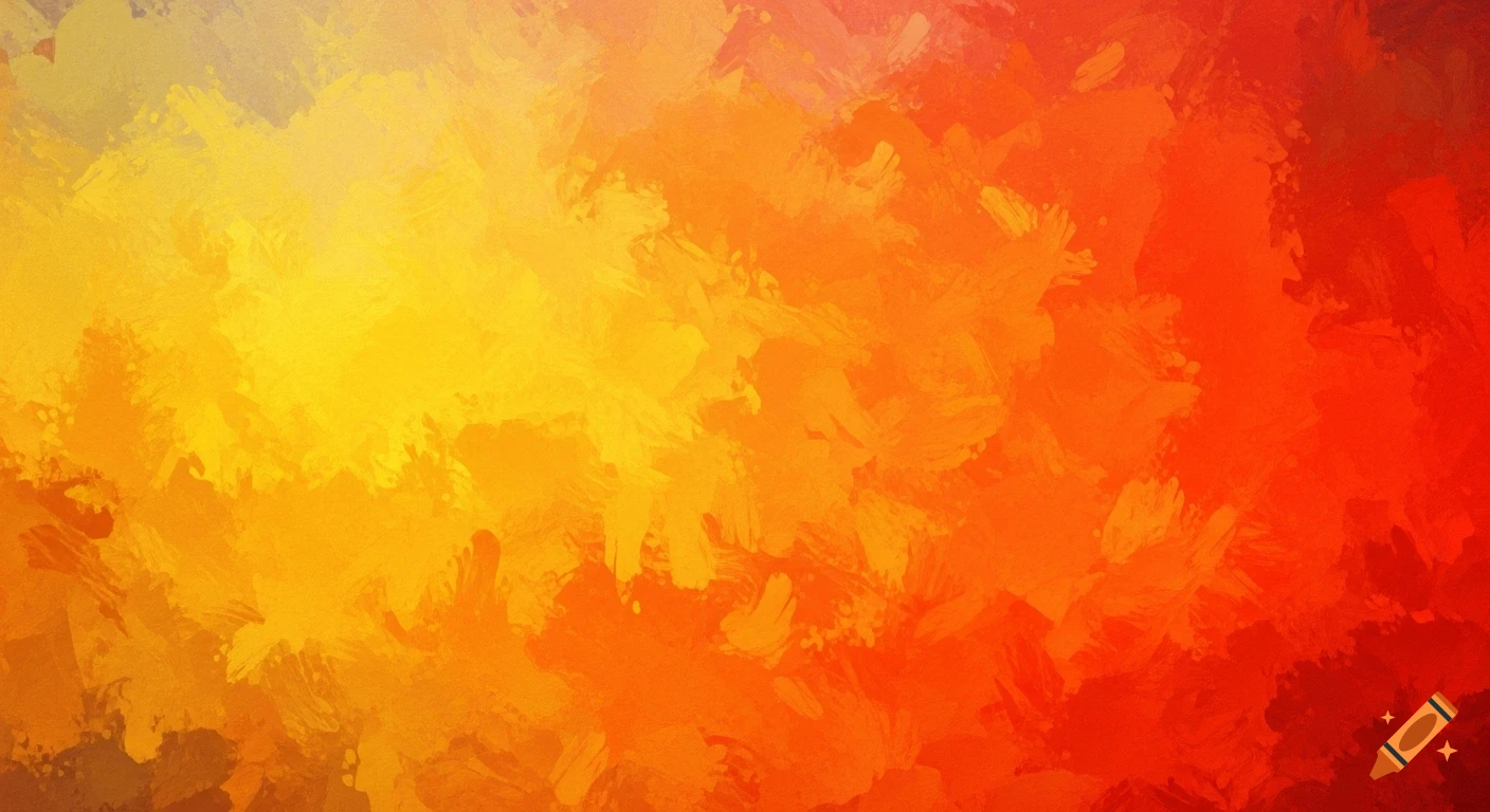 Vibrant abstract oil painting with textured brushstrokes in warm yellow, orange, and red tones.
