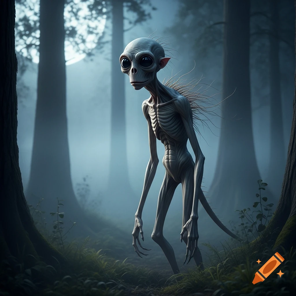 A skeletal, large-eyed cryptid creature stands in a misty, dark forest.
