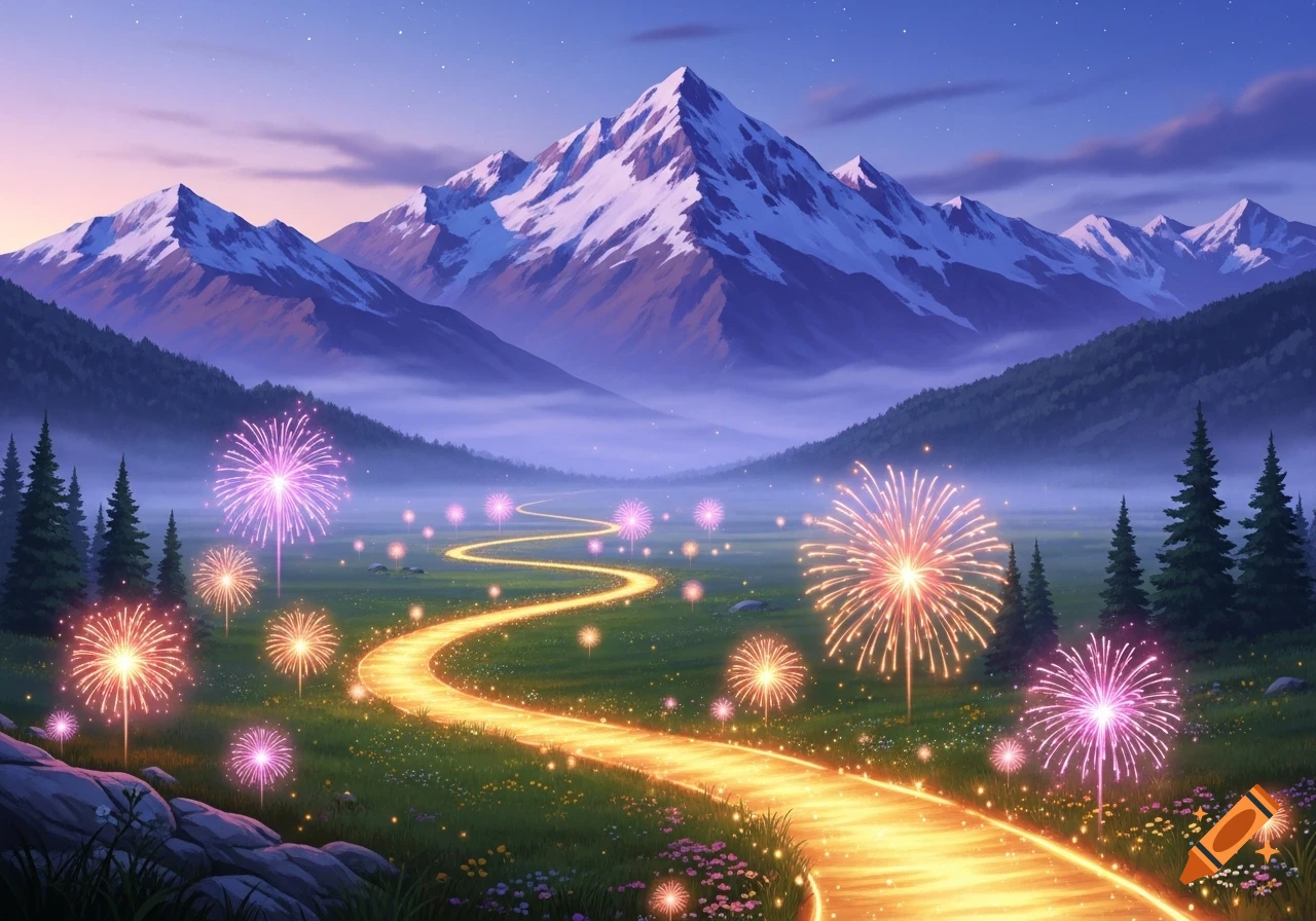 Illustrative fantasy landscape with snow mountains, a glowing golden path, and colorful fireworks blooming in a flower-filled meadow at dusk.