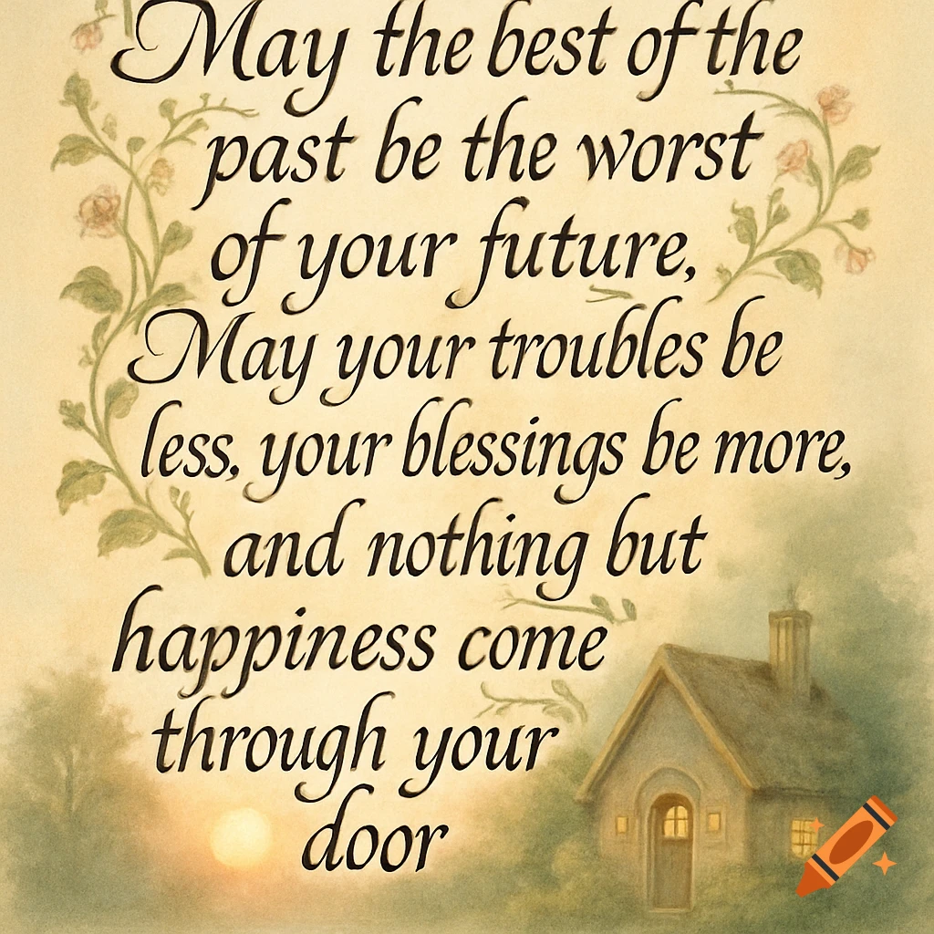 Inspirational quote in elegant script with floral accents, a small cottage, and a warm sunset in a watercolor style.