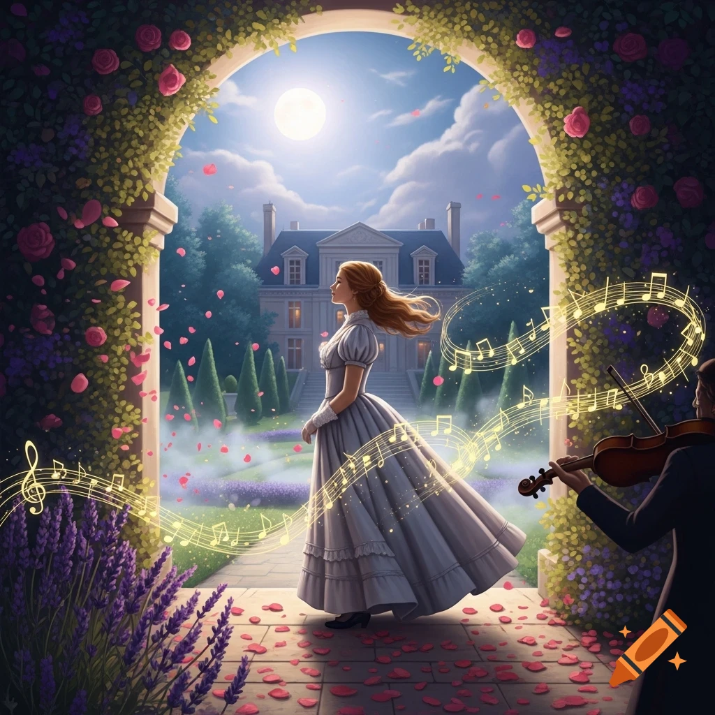 An elegant woman in a white dress walks through a moonlit rose garden archway, with a violinist and floating musical notes.