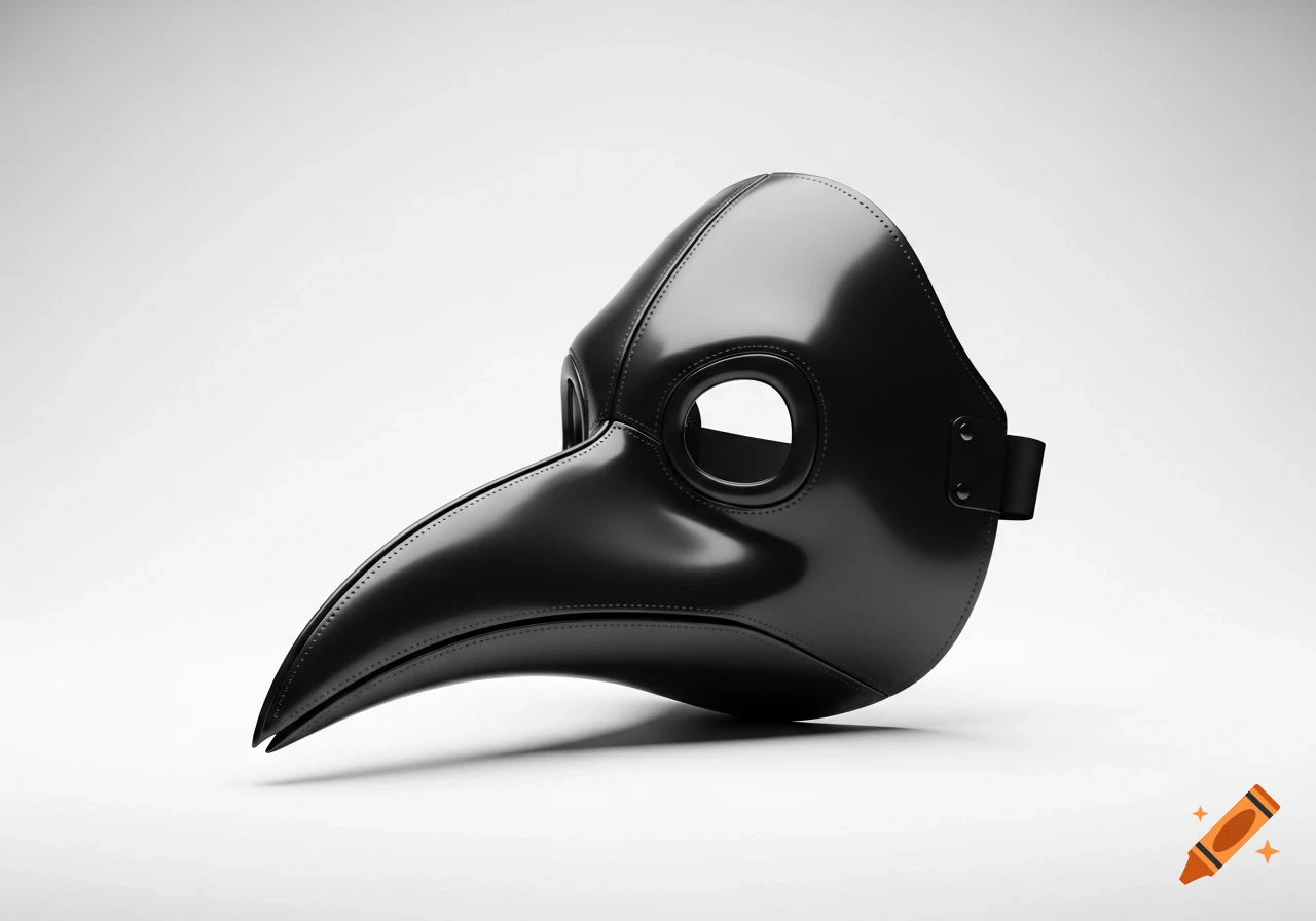 A shiny black plague doctor mask with a long beak and round eyeholes rests on a white background.