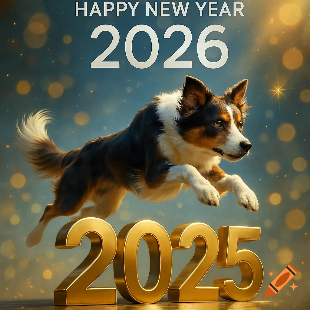 A Border Collie dog jumps over shiny golden numbers '2025' with 'HAPPY NEW YEAR 2026' above, against a festive golden bokeh background.