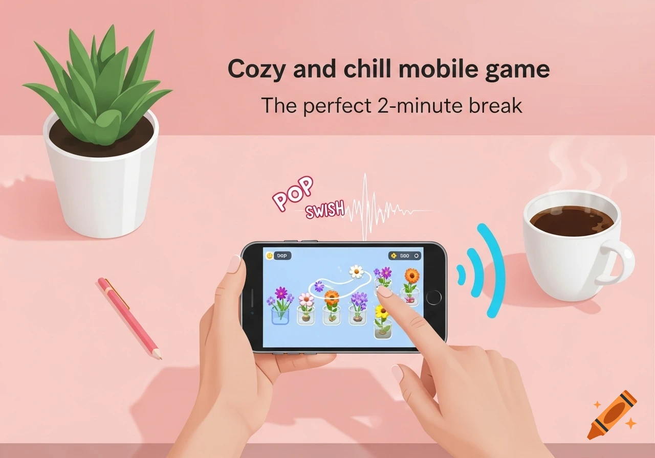 Overhead view of a clean pink desk with a potted plant, coffee mug, and a pink pen. Hands play a flower-sorting mobile game on a phone, with text overlays "Cozy and chill mobile game" and "The perfect 2-minute break."