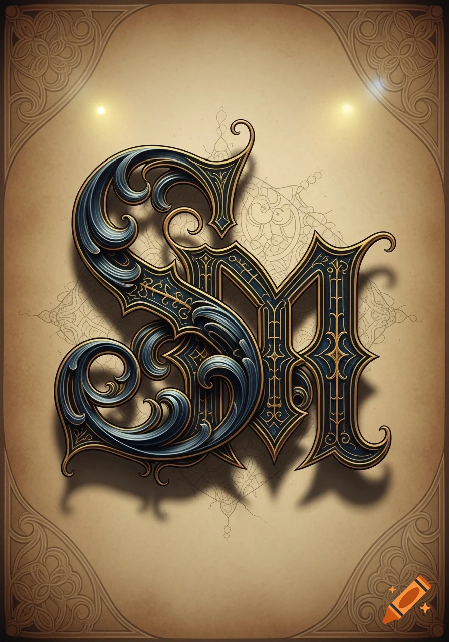 Ornate dark blue and gold letters 'SM' in a vintage, gothic style on a textured parchment background with decorative borders.
