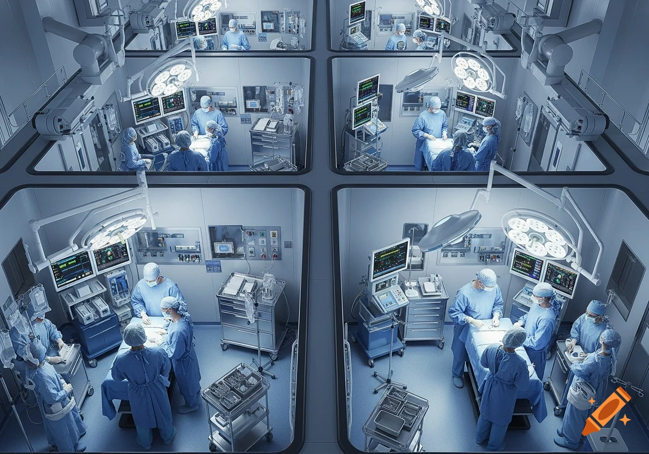 High-angle view of multiple operating rooms with medical teams performing surgery in a clean, modern hospital setting.