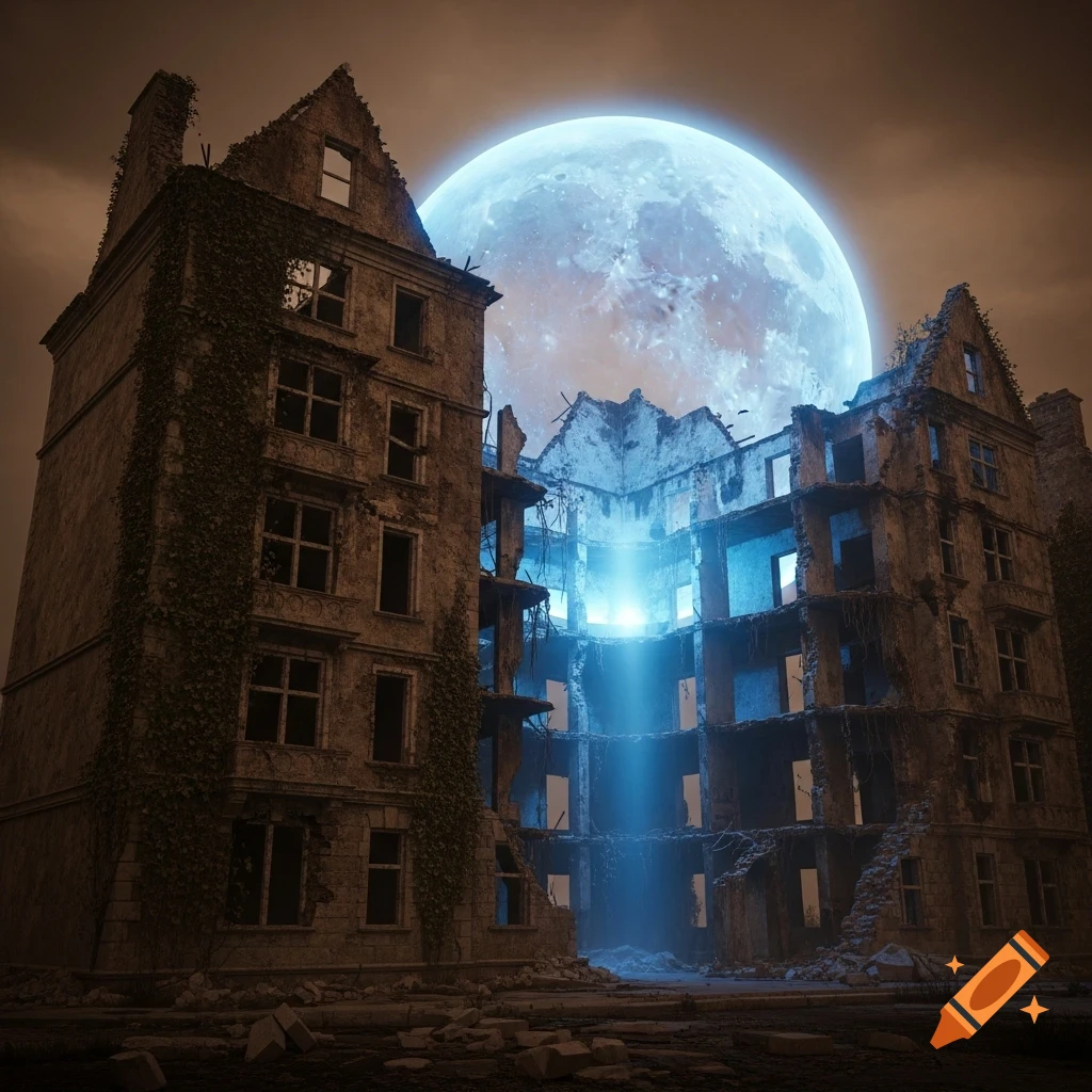 A bombed-out Gothic apartment building under a night sky, illuminated by a glowing blue sphere.