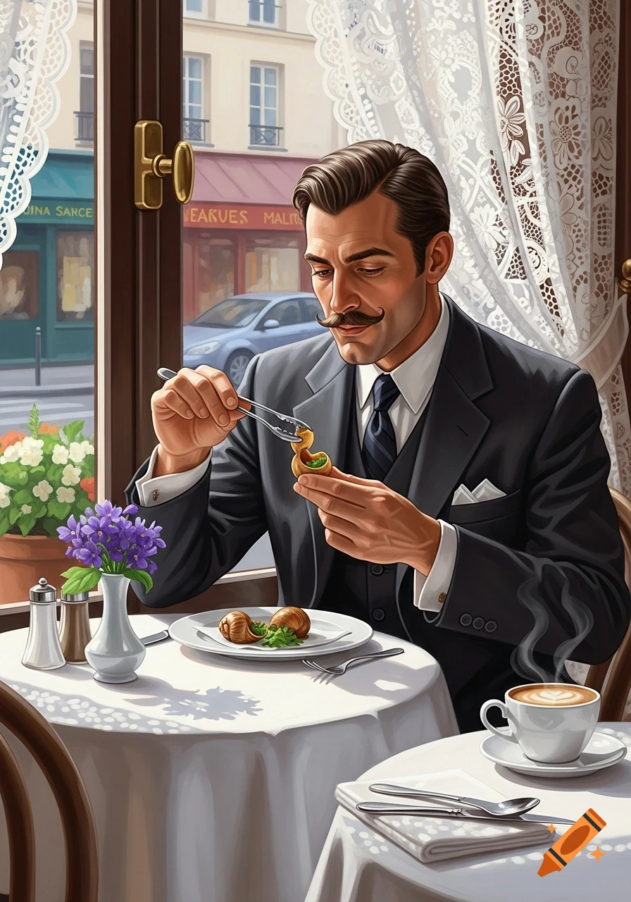 An elegantly dressed man with a mustache eats escargots at a white-clothed table in a charming European cafe, with coffee nearby.