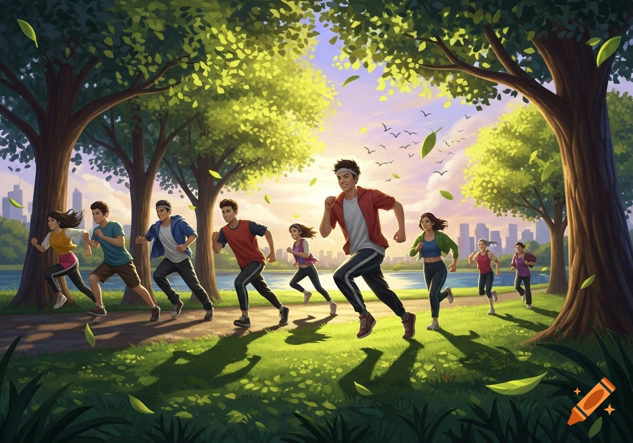 A vibrant illustration of a group of diverse young people jogging together on a path in a sunny park with trees, a lake, and a city skyline.