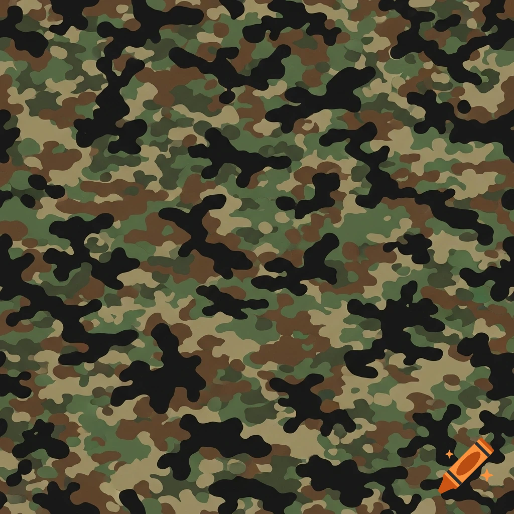 Seamless military camouflage pattern in shades of green, brown, and black.
