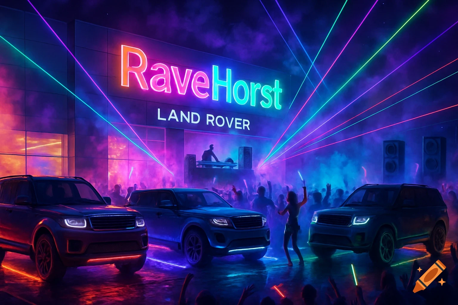 A neon-lit rave party at a Land Rover dealership with dancing crowds, a DJ, laser beams, and three SUVs glowing with colorful light.
