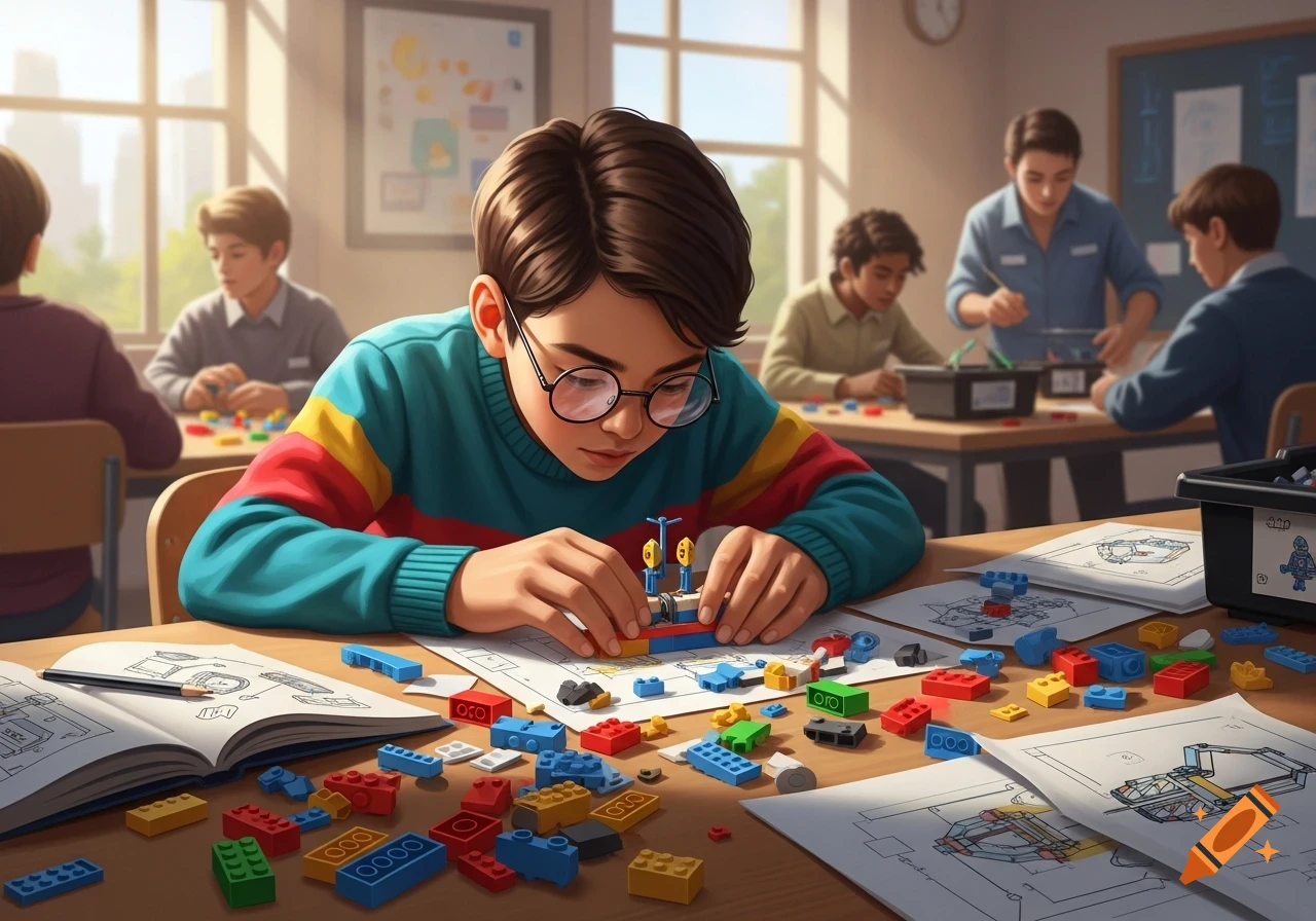 A student in glasses intently building a LEGO model at a table covered with colorful bricks and blueprints in a sunny classroom, with other children in the background.