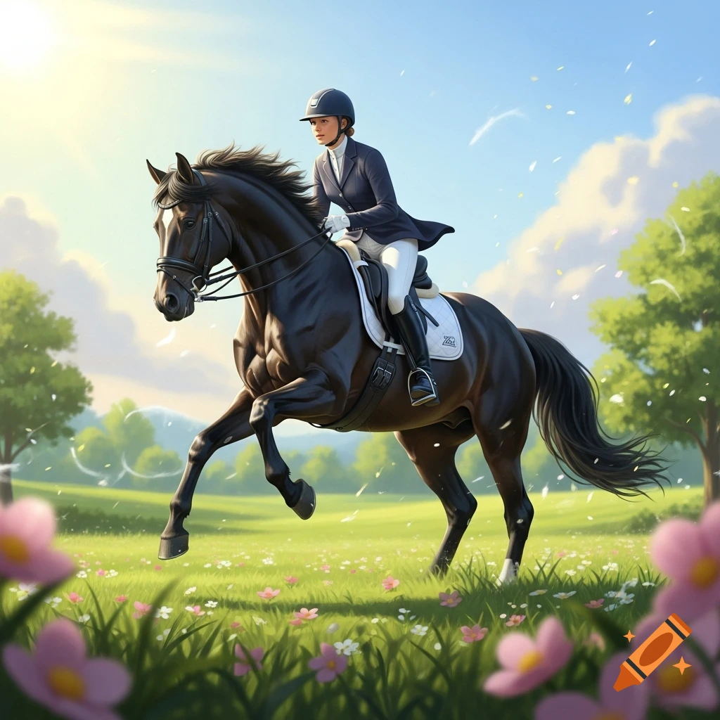 A rider in a helmet and dark jacket gallops a black horse across a sunny spring meadow with pink flowers in the foreground.