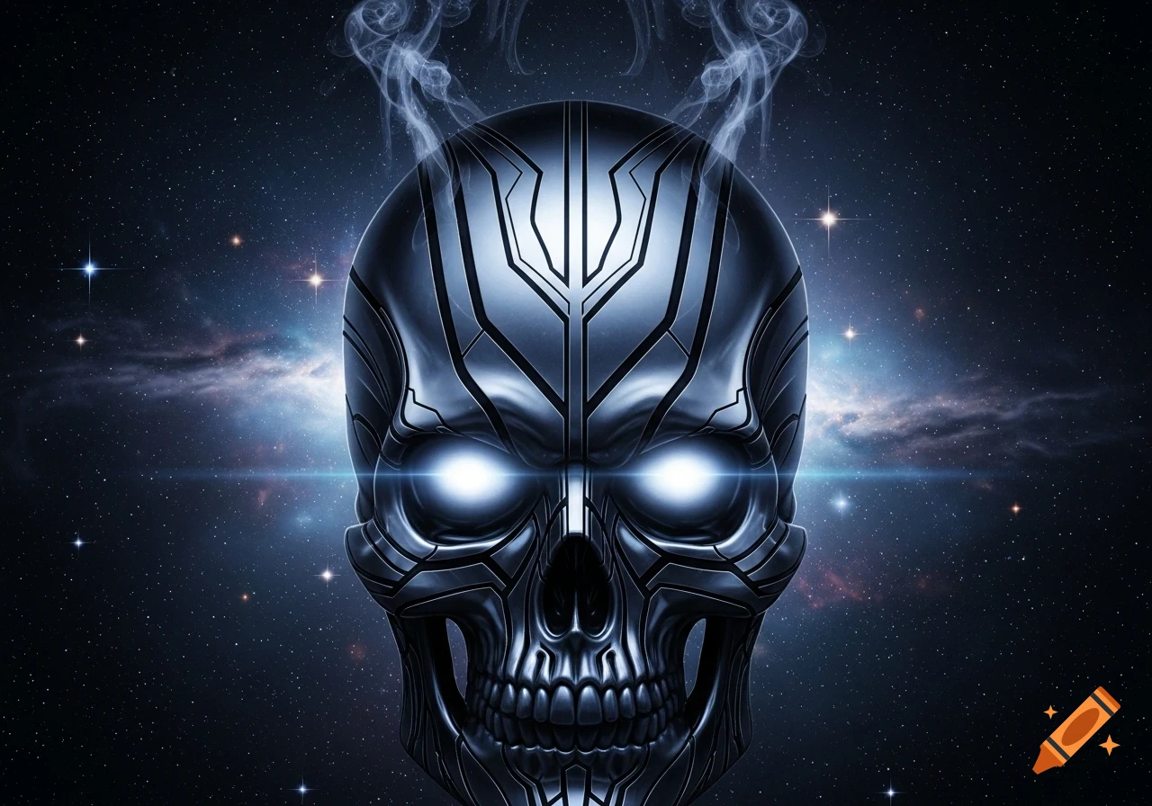 A futuristic metallic skull with glowing blue eyes and smoke rising, set against a starry space background.