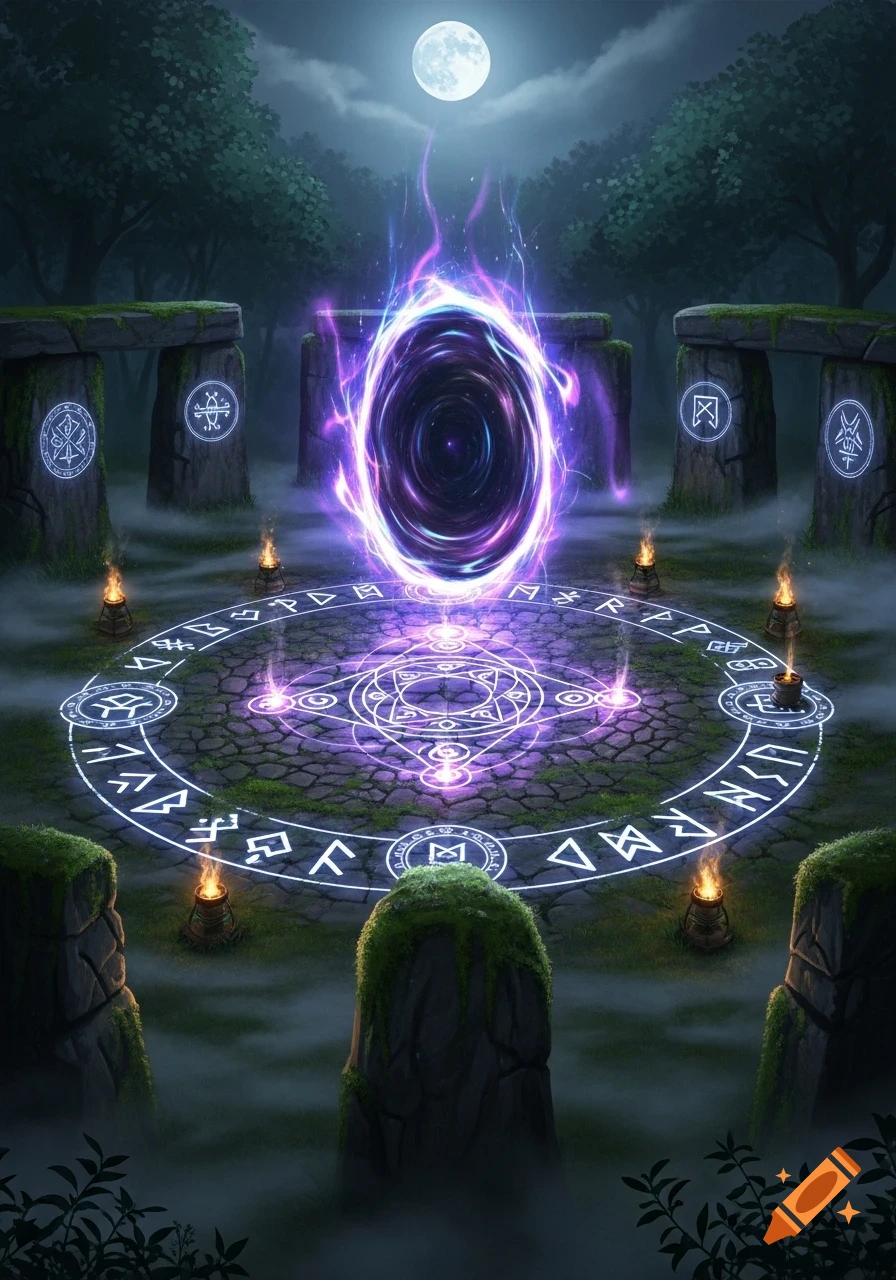 A vibrant purple and blue magical summoning portal stands within a stone circle at night, surrounded by torches in a dark forest under a full moon.