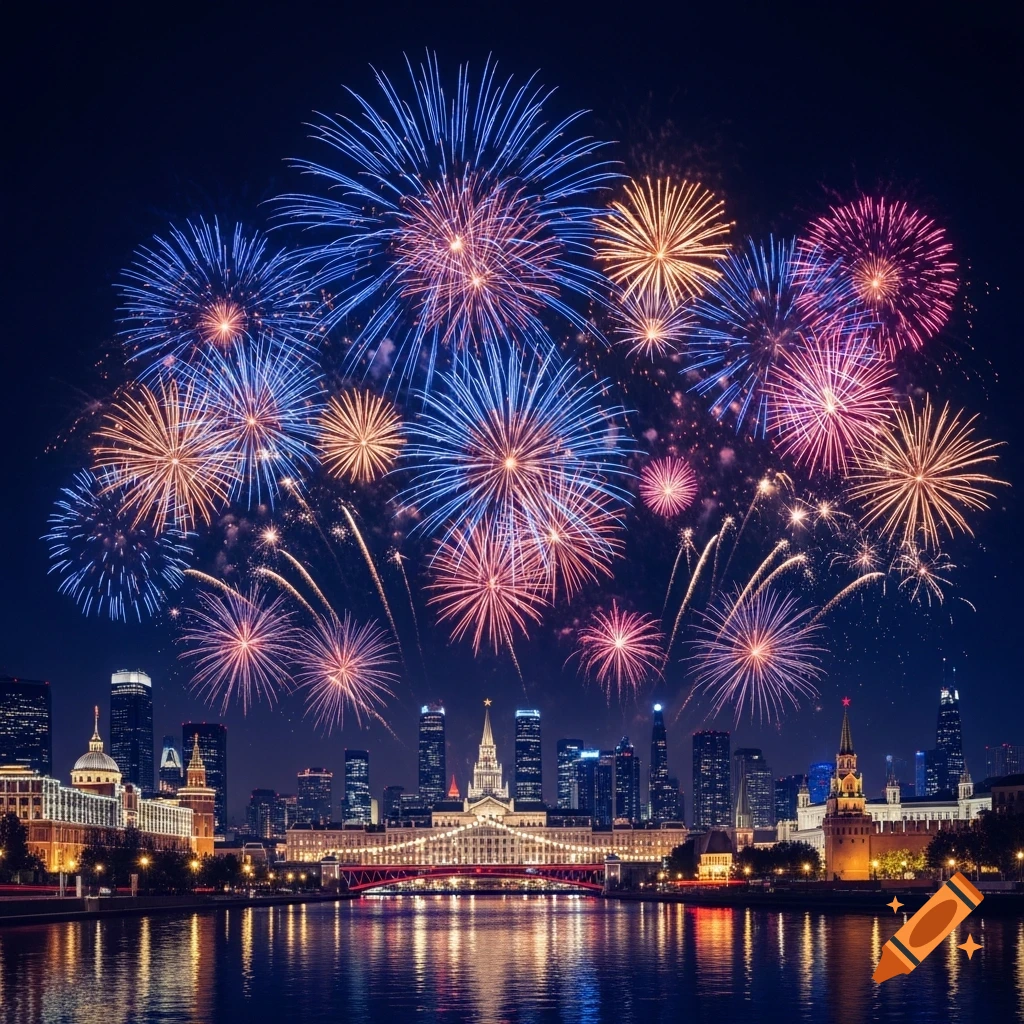 A vibrant fireworks display explodes over a nighttime city skyline, featuring illuminated buildings, a bridge, and reflections in the river below.
