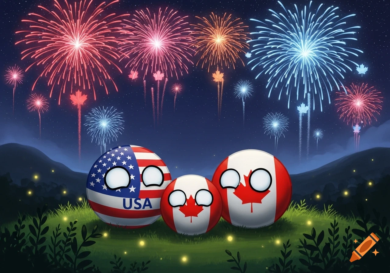 Cartoon countryballs of USA and Canada watching colorful fireworks burst in a night sky over a grassy hill.