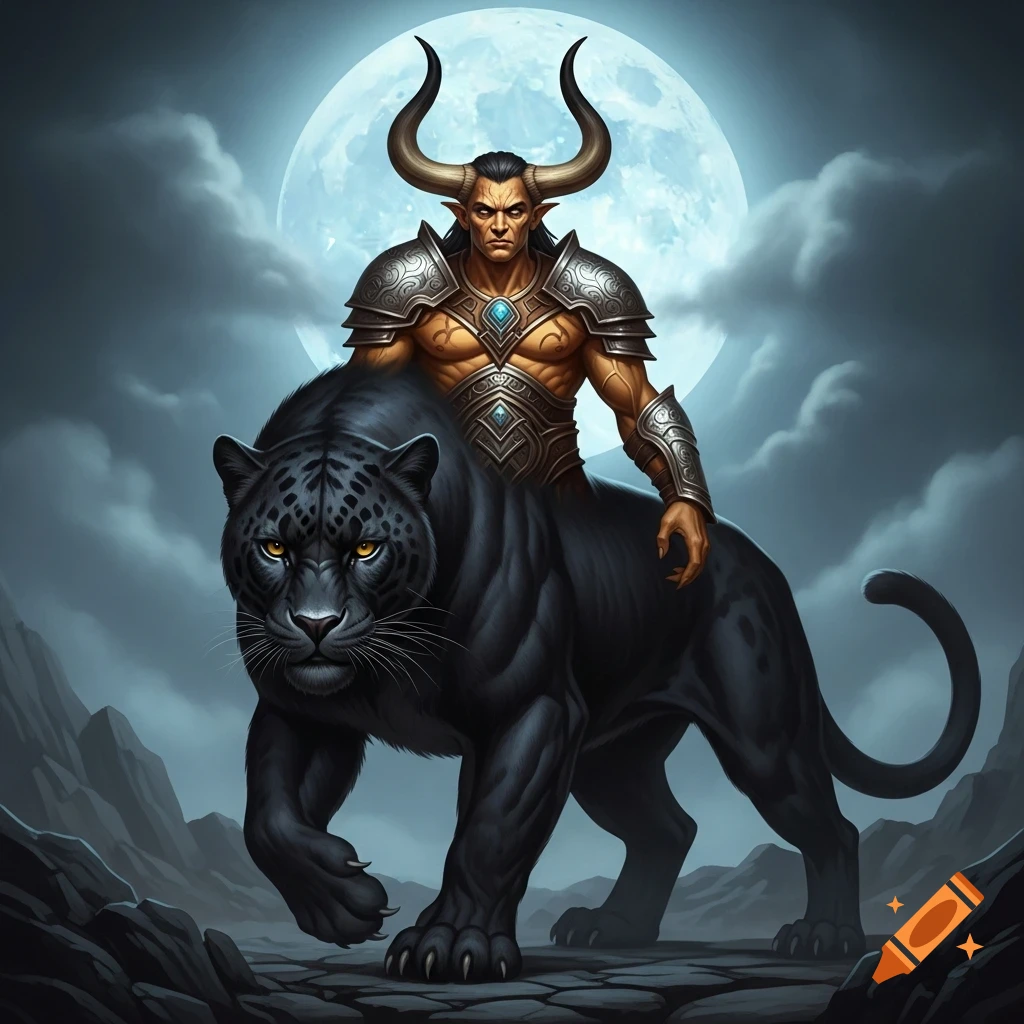 A horned, armored warrior rides a black panther under a full moon in a rocky, dramatic landscape. Fantasy digital art.