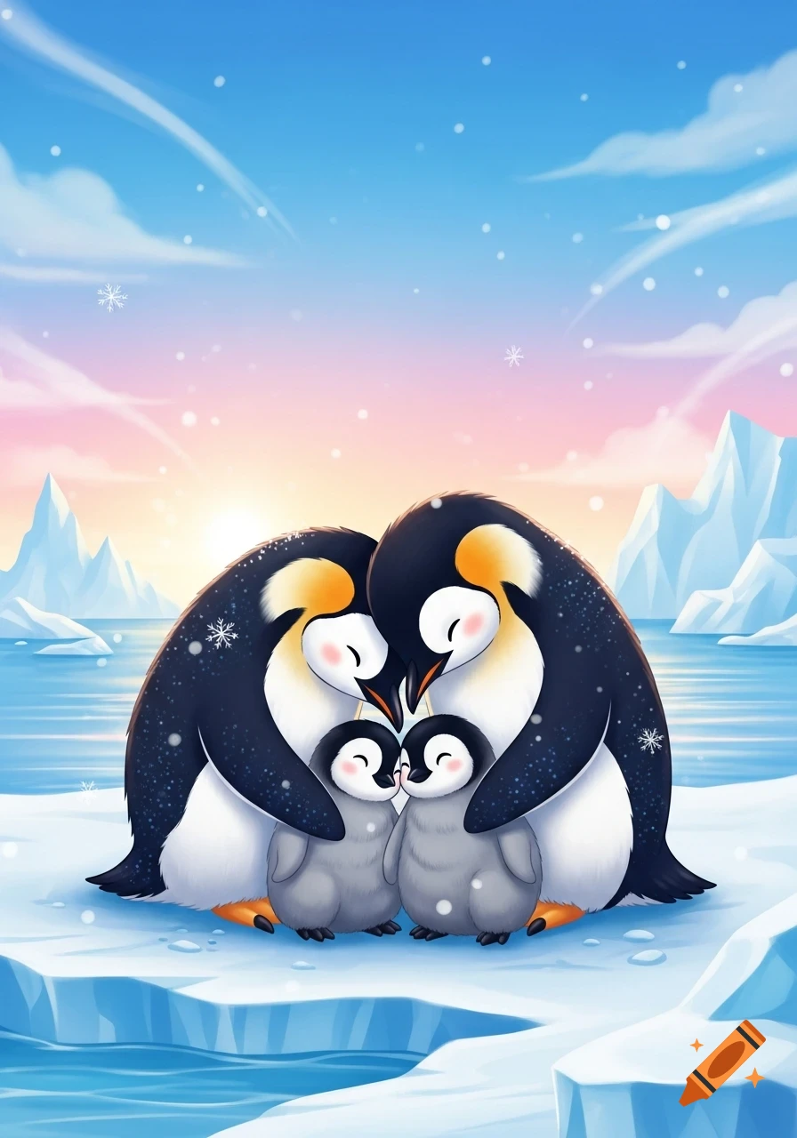 Cartoon illustration of a penguin family embracing on an icy landscape with snow falling and a colorful sunset sky.