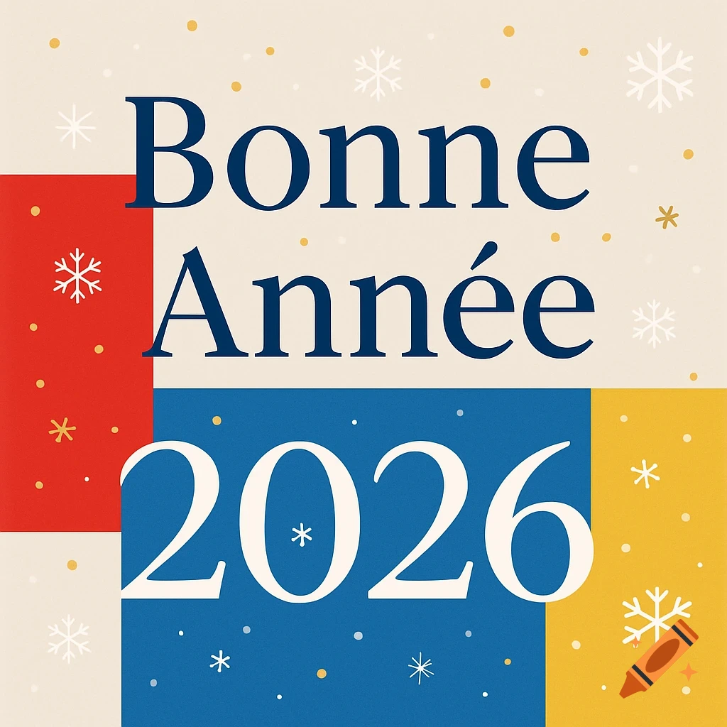 Festive graphic design card with 'Bonne Année 2026' on a cream background, featuring red, blue, and yellow blocks with snowflakes and dots.