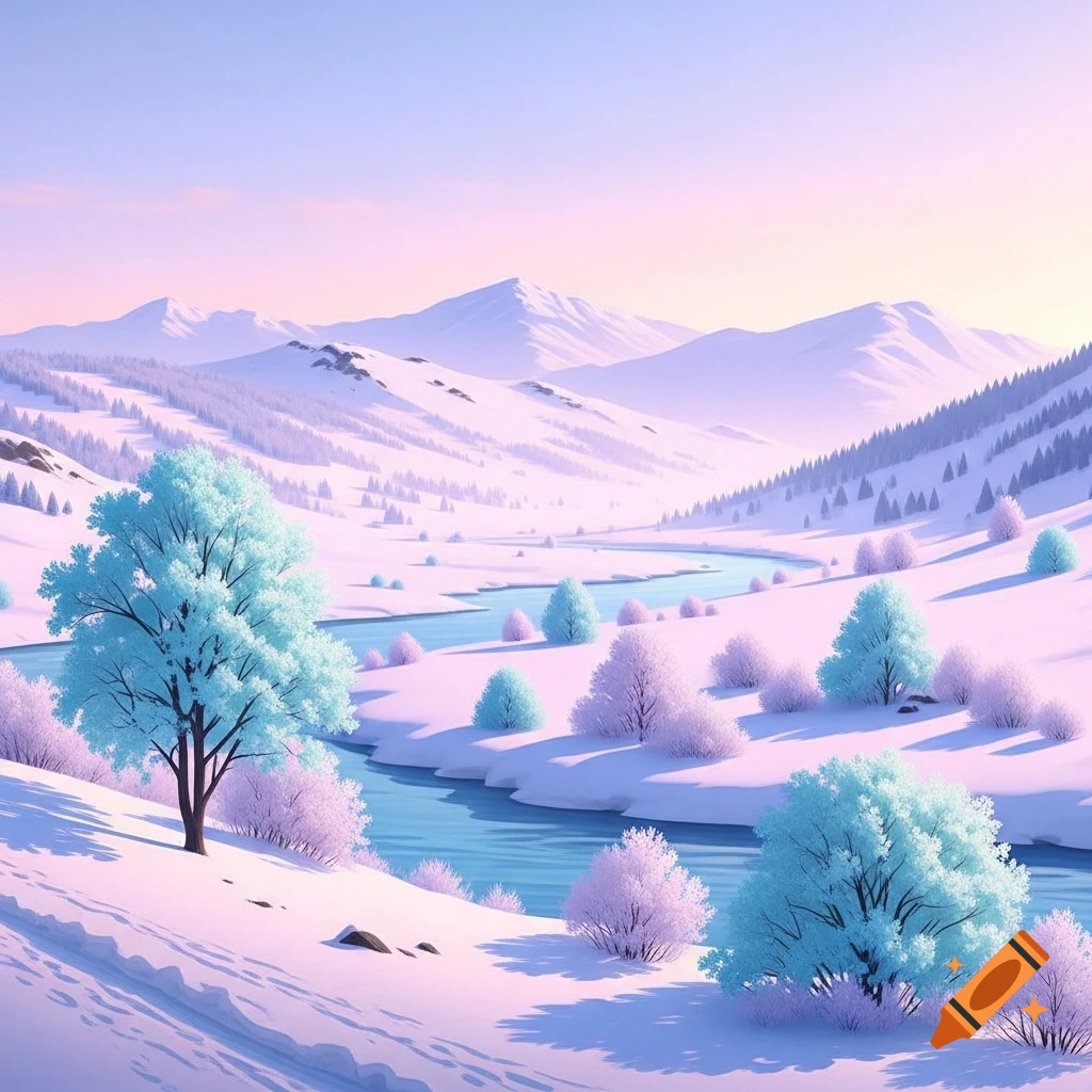 A pastel-colored winter landscape features snow-covered mountains, a winding blue river, and trees with light blue and purple foliage under a soft, gradient sky.