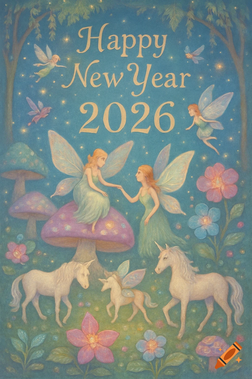 A whimsical illustration for a New Year's 2026 card featuring fairies, unicorns, and magical plants in a pastel style.