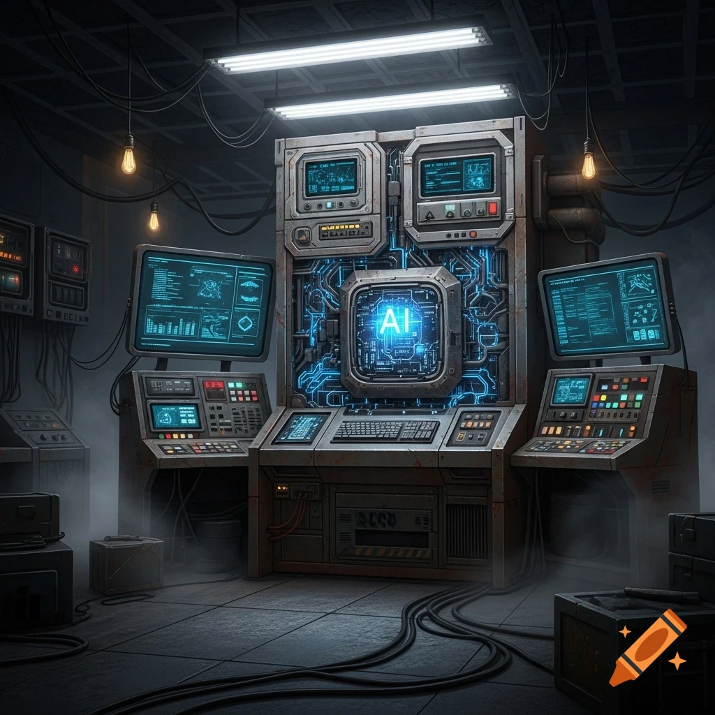 A retro-futuristic AI control room with glowing blue circuits, multiple monitors, keyboards, and a central screen displaying 'AI' text.
