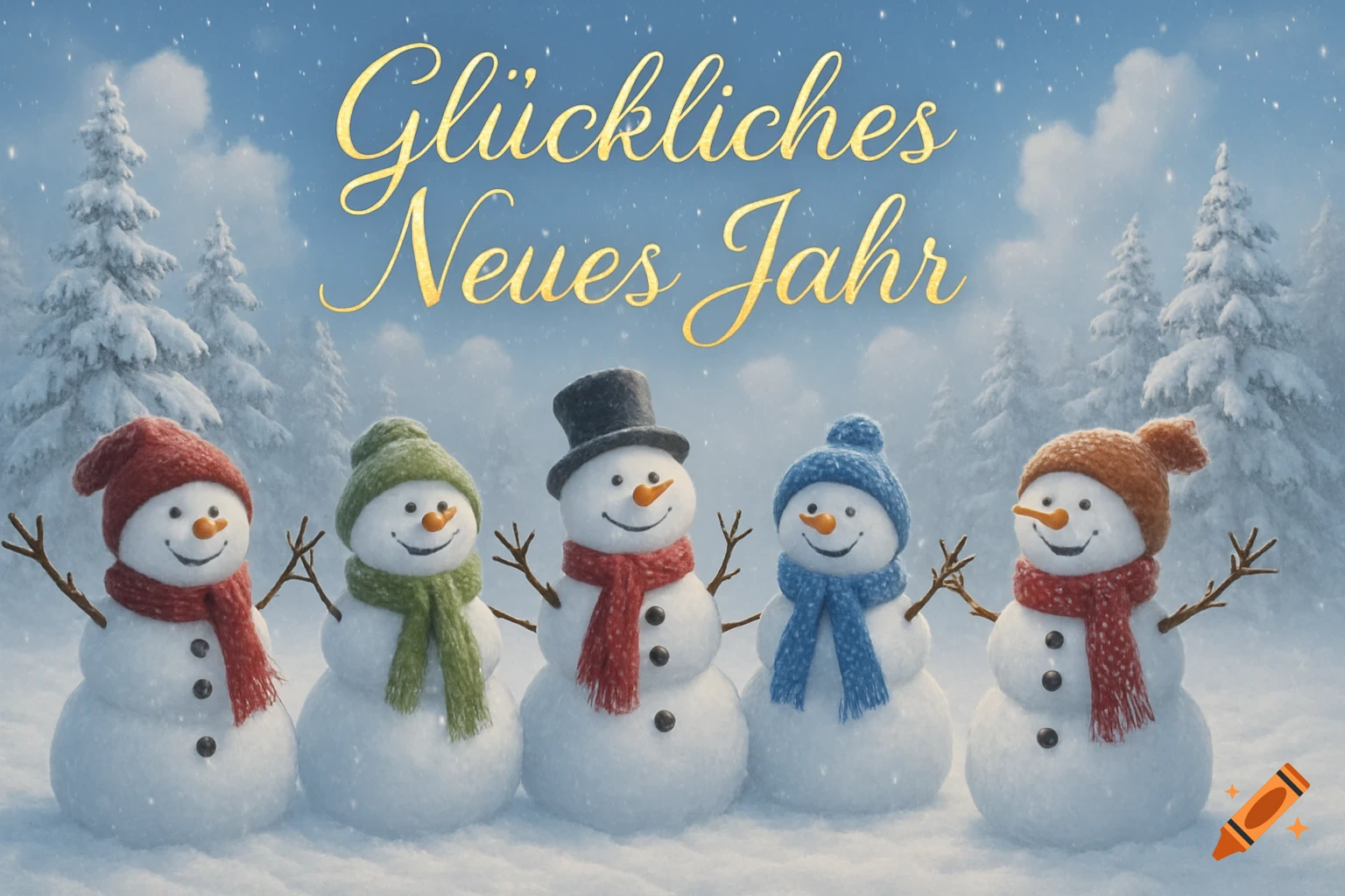 Five smiling snowmen wearing hats and scarves stand in a snowy forest under golden text reading "Glückliches Neues Jahr".