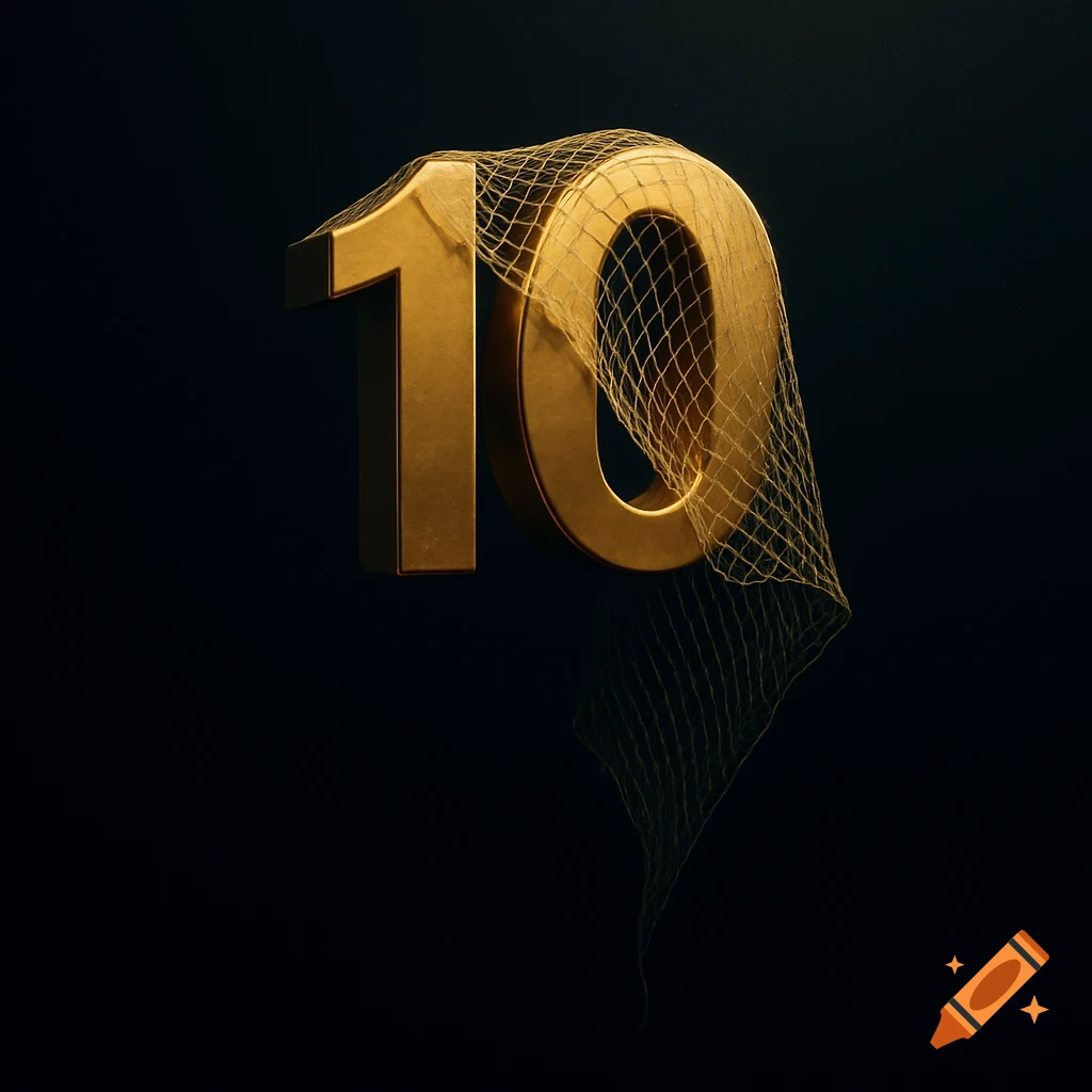A shiny golden number 10 draped with a fishing net, casting a shadow as it appears to fall into a dark abyss.