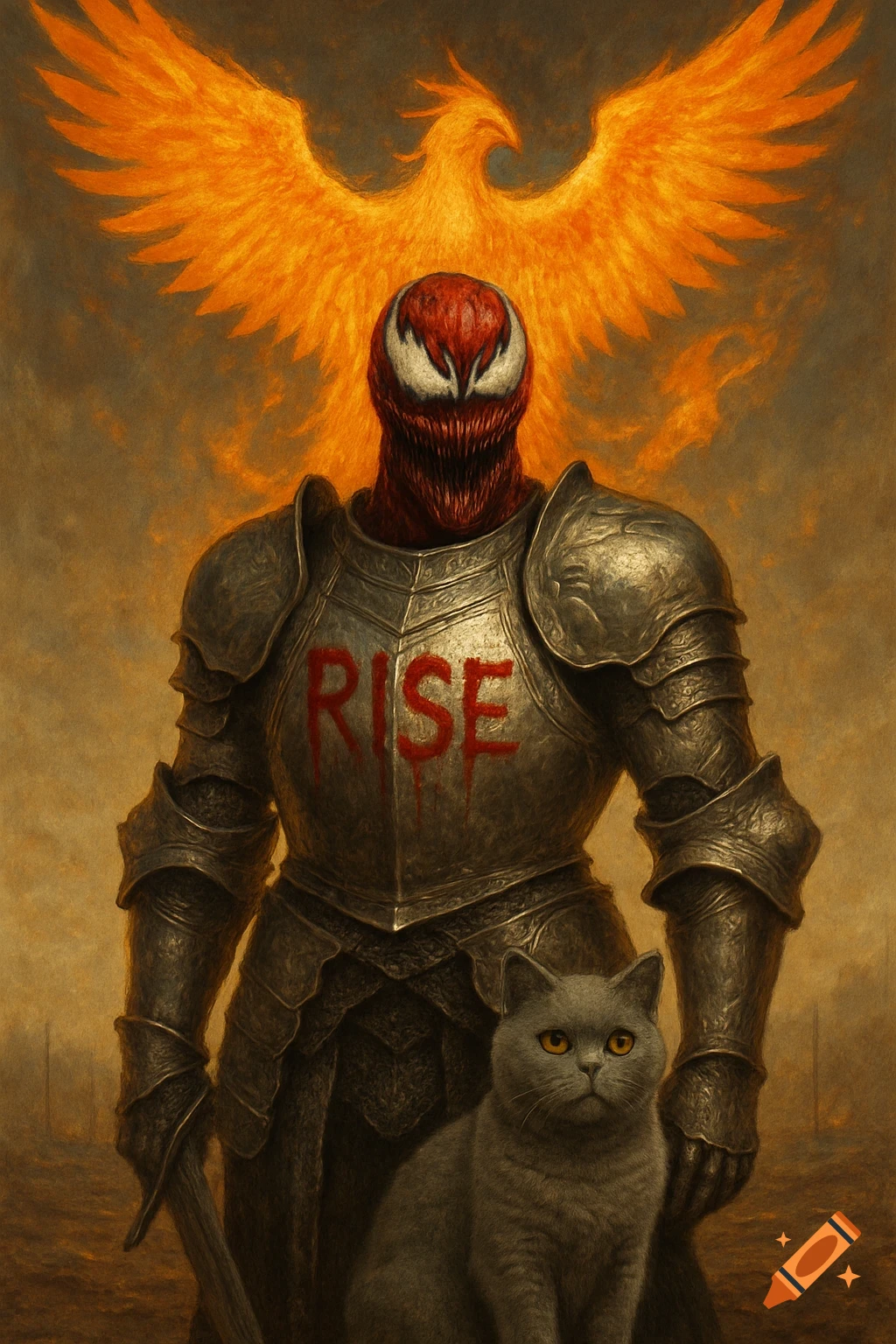 Carnage in knight armor with 'RISE' on the chest, a fiery phoenix, and a British Shorthair cat in a dark fantasy painting.