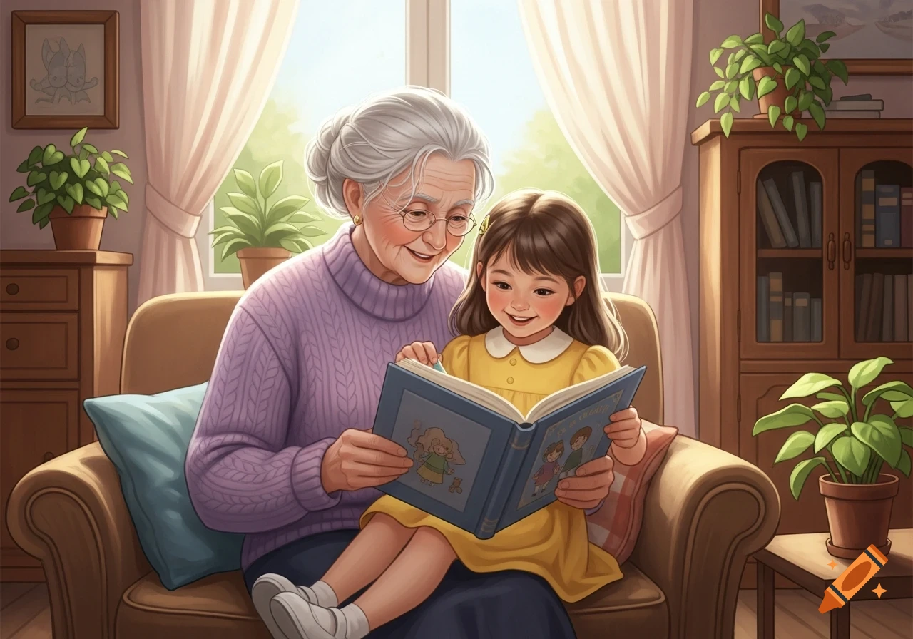 A smiling grandmother with gray hair and glasses reads a storybook with her granddaughter on a couch in a cozy room.