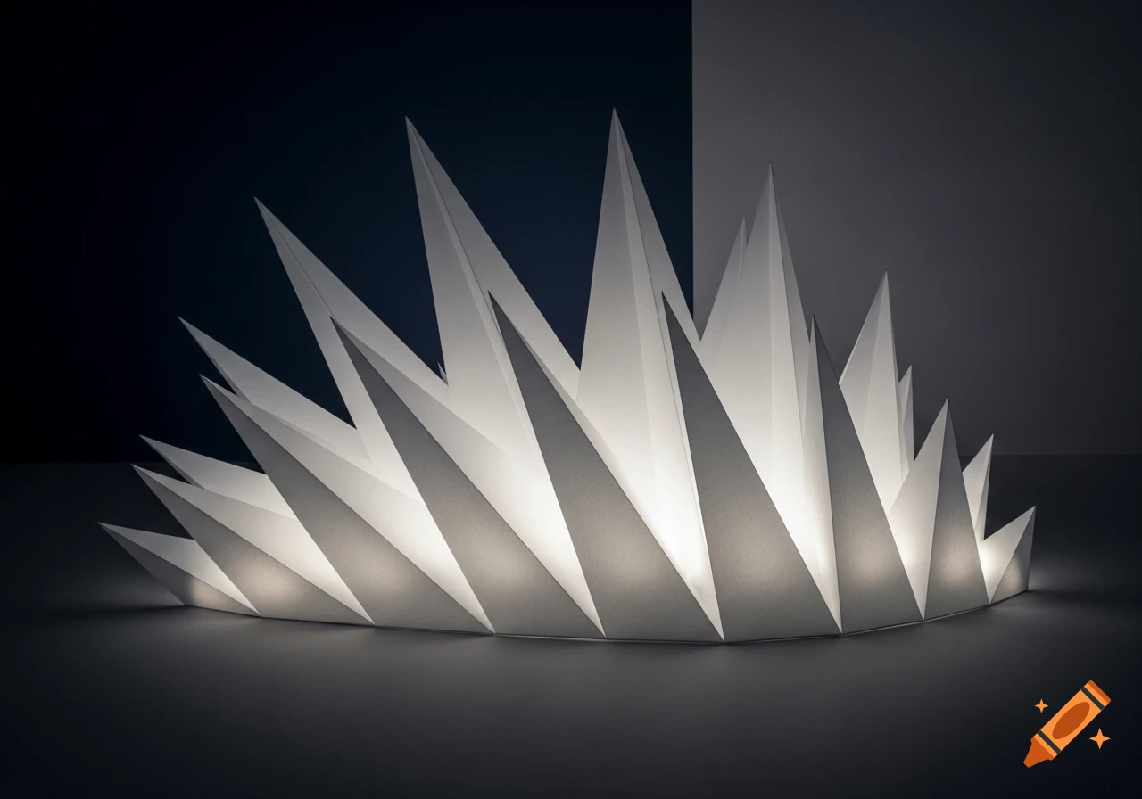 Backlit white origami relief with sharp geometric forms on a dark background.