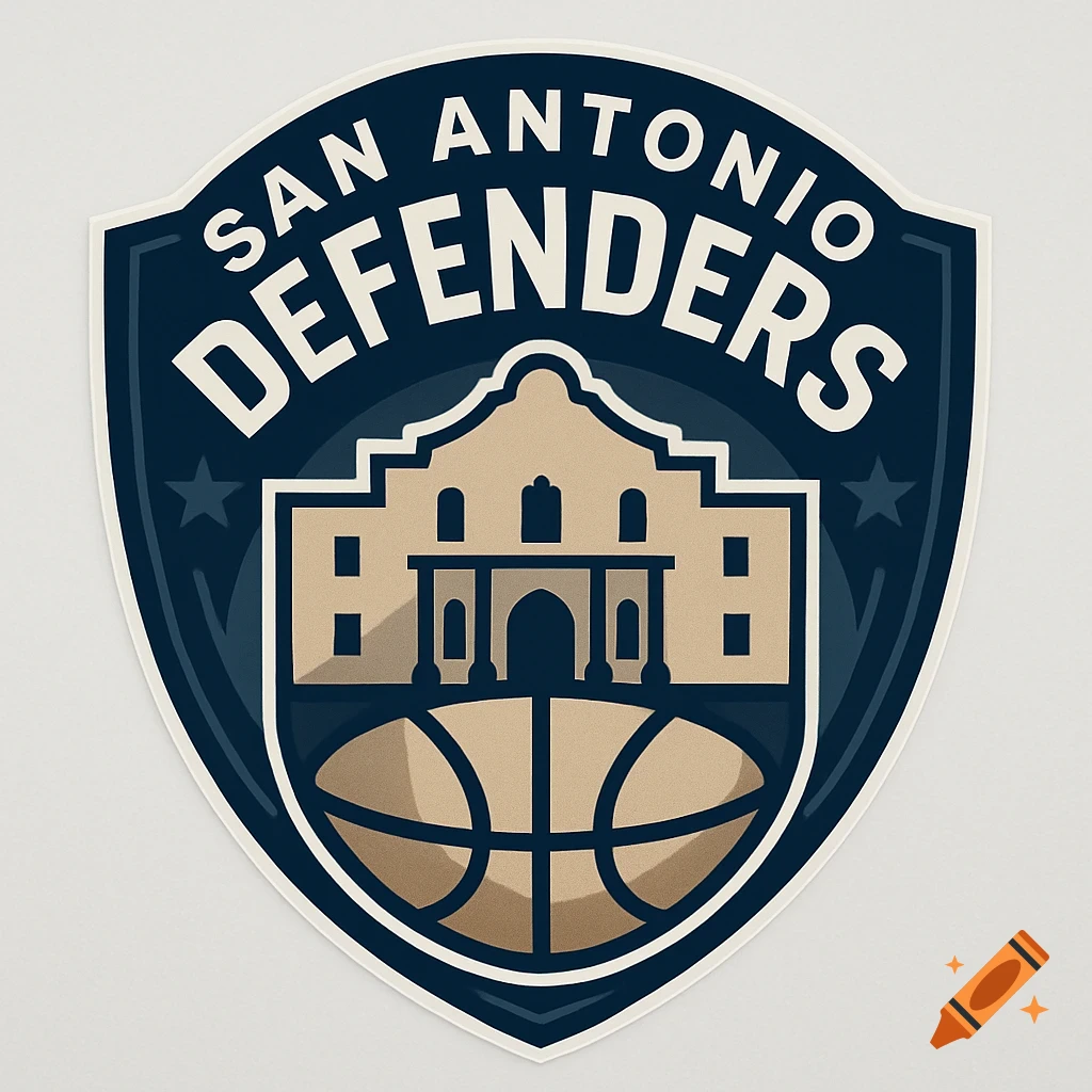 Navy blue and beige shield logo for San Antonio Defenders, featuring the Alamo above a basketball.