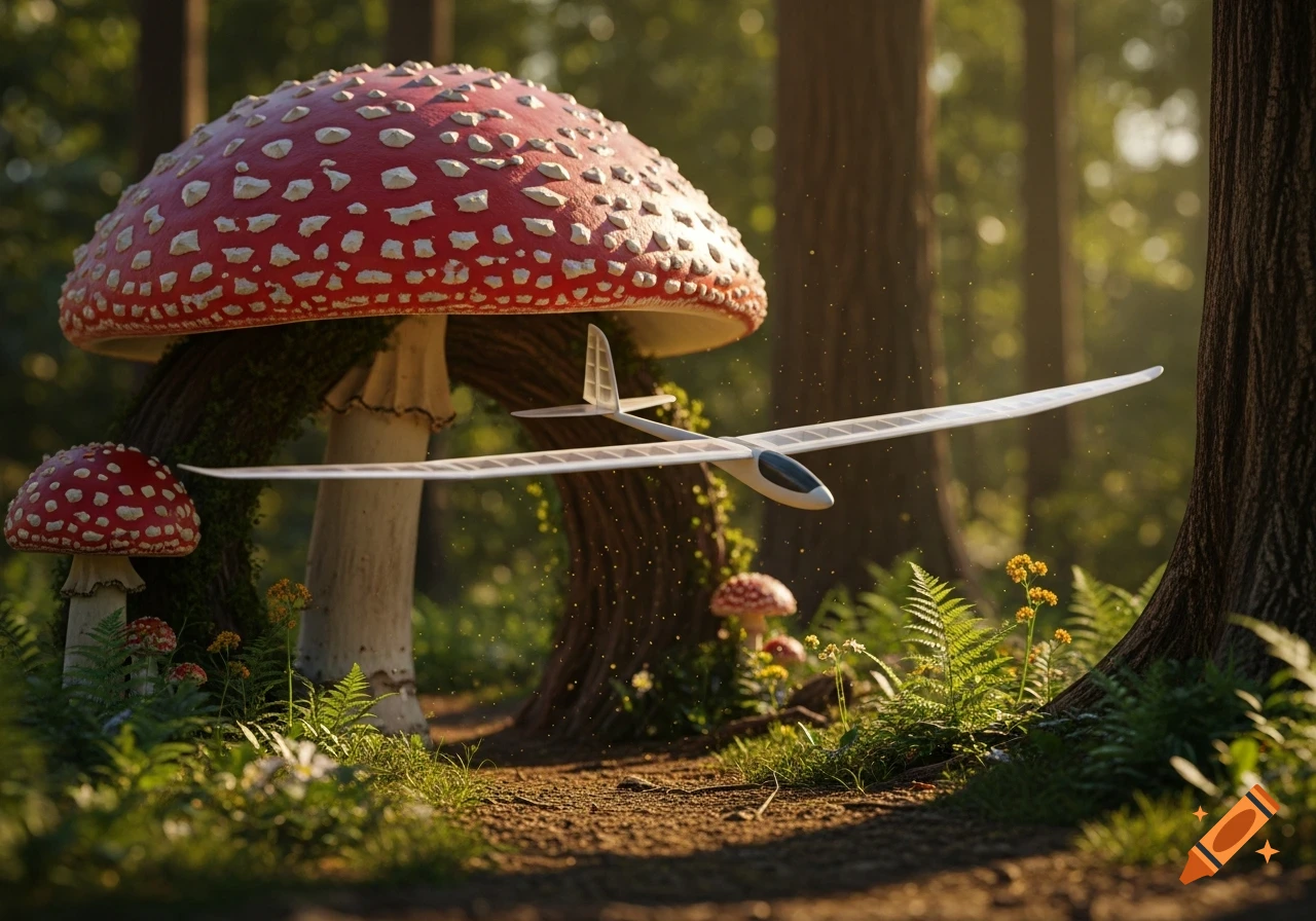 A miniature white glider airplane flies under a giant red and white spotted mushroom in a sun-dappled, mossy forest.
