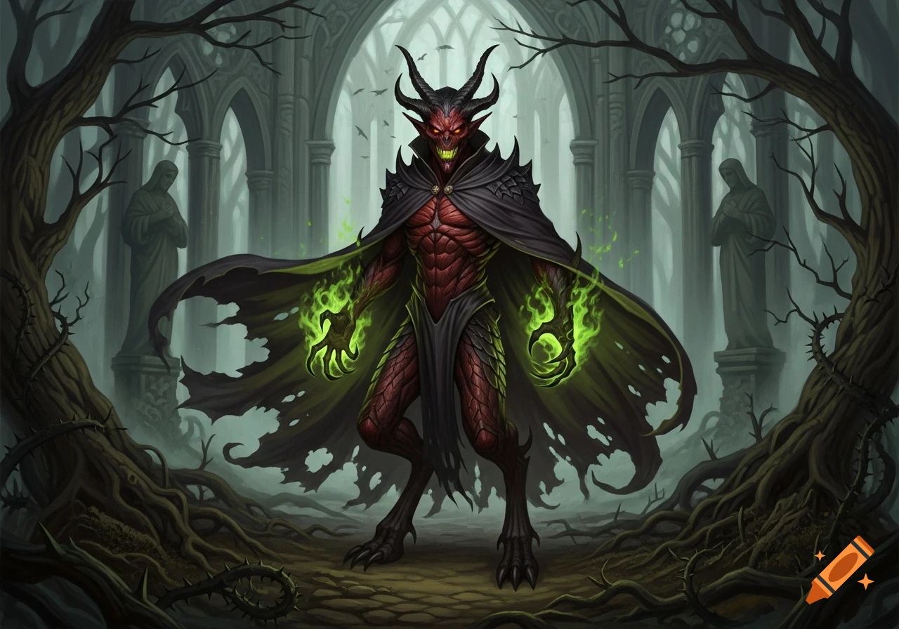 A horned red demon in a black cloak with green magic stands in dark, gothic ruins among gnarled trees and statues, in a medieval painting style.