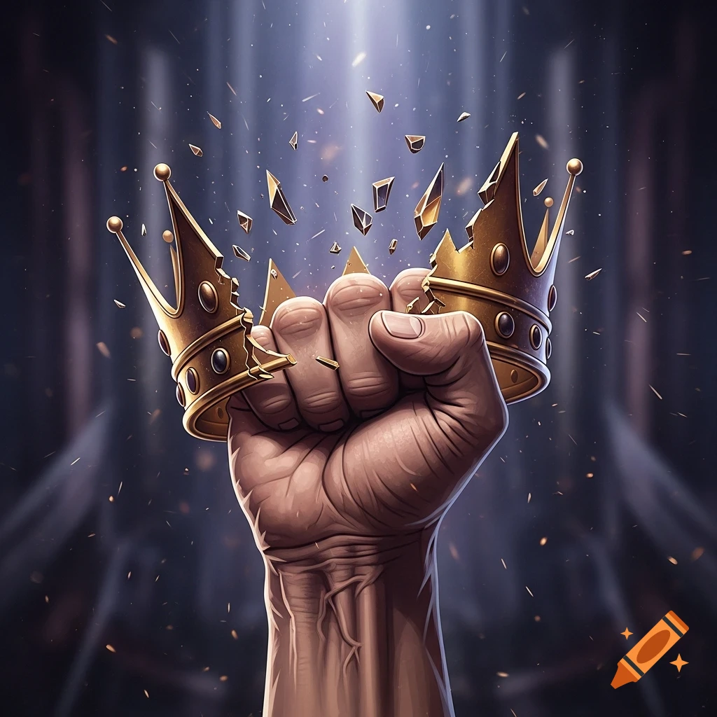 A powerful, clenched fist breaking a golden crown into shattered pieces under dramatic light.
