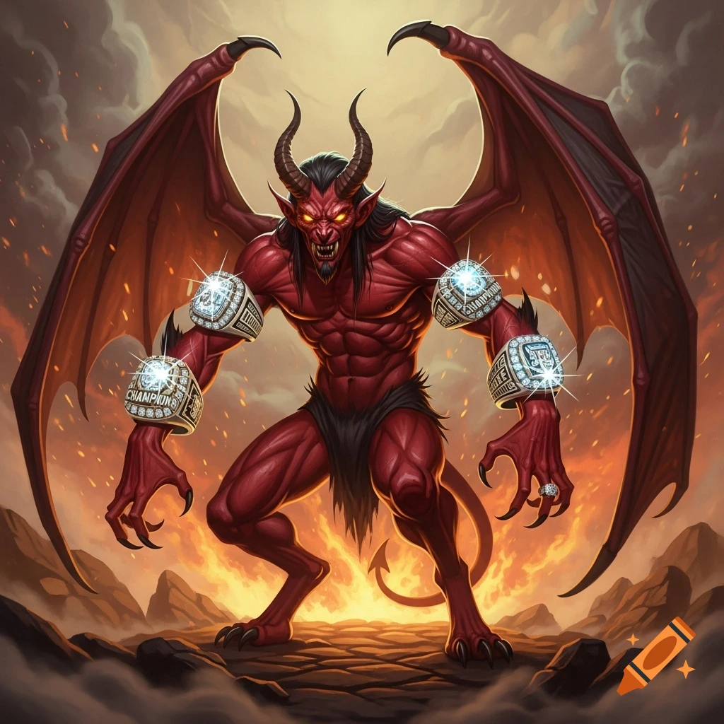 A muscular red devil with large wings and horns stands with a fiery background, wearing four sparkling championship rings on its forearms.
