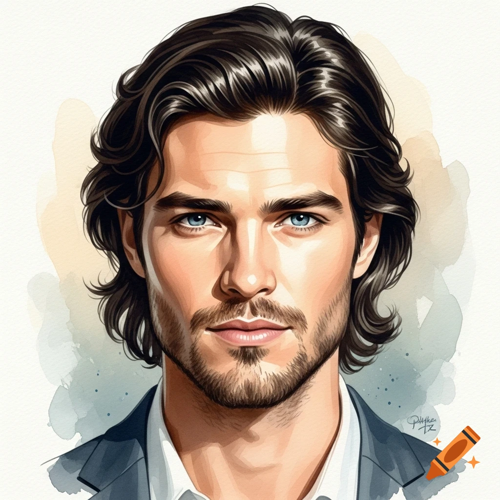 Watercolor portrait of a handsome man with dark wavy hair, blue eyes, and a goatee, wearing a white shirt and dark suit jacket.
