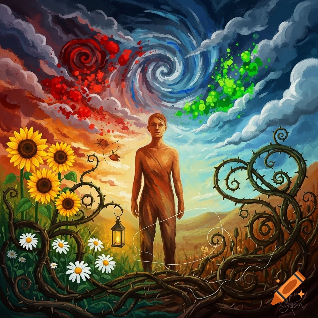 Abstract painting of a figure in earthy tones surrounded by swirling skies, sunflowers, daisies, and thorny vines with a lantern.