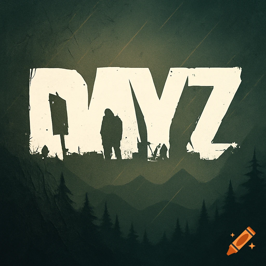 Stylized 'DAYZ' logo with silhouetted figures and a dark forest landscape within the distressed white letters.