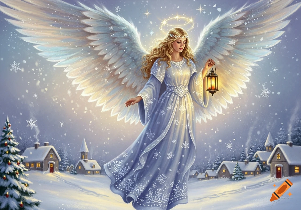 A beautiful blonde angel with large wings and a halo, holding a glowing lantern in a magical snowy winter village at night.