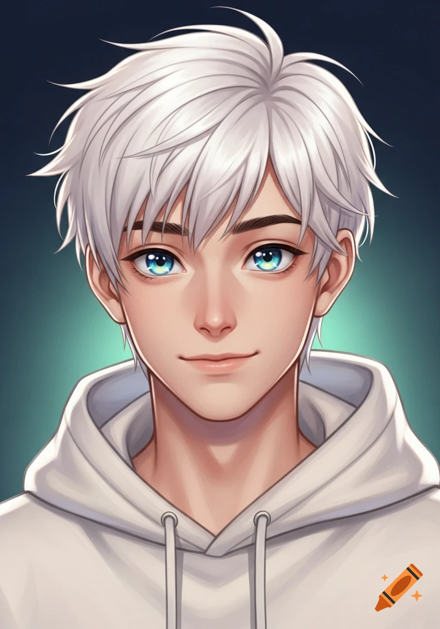 Anime portrait of a young man with white messy hair, bright blue eyes, and a light smile, wearing a white hoodie.