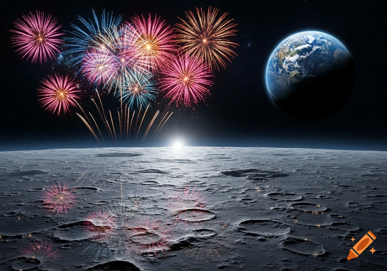 Colorful fireworks explode over a cratered moon surface with Earth visible in the dark starry sky.
