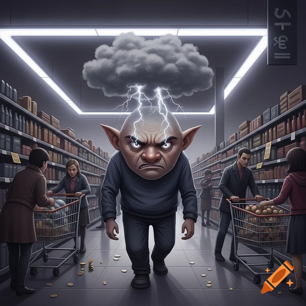 A cartoonish, angry goblin-like Grolltroll with lightning from a cloud above its head walks through a supermarket aisle with scattered coins and other shoppers.